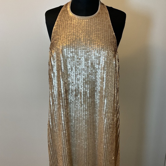 18. Express Sequin Halter Neck Open Back Mini Shift Dress Size XL - Picture 5 of 10